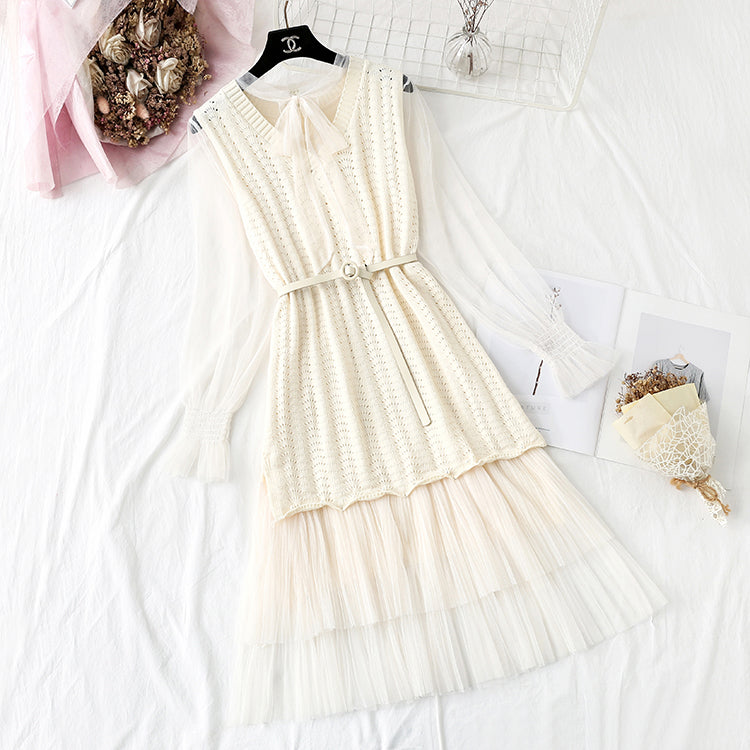 Aging mesh bottomed skirt with knitted vest two-piece set 4353