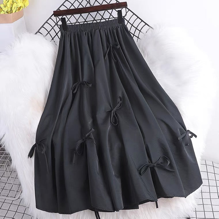 Été, nouveau style, taille haute, nœud papillon, mi-longue, jupe trapèze élégante sur toute la longueur 3544