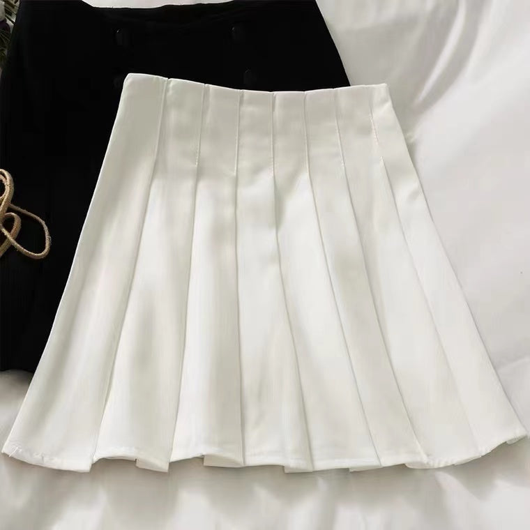 Jupe taille haute à boutonnage tempérament, jupe plissée simple de couleur pure en ligne A 3616