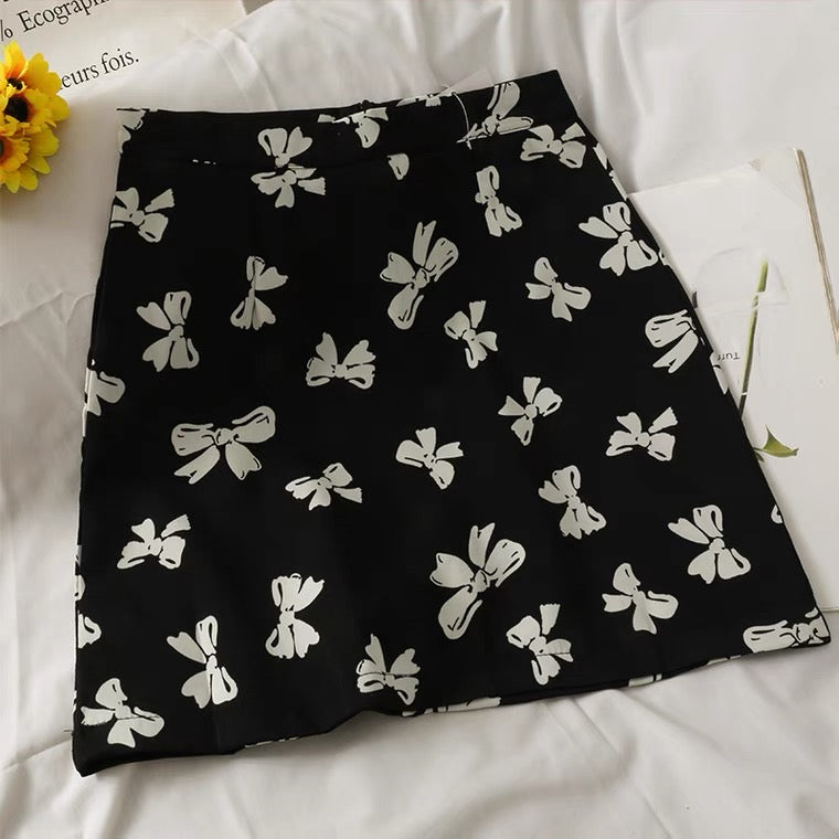 Jupe trapèze taille haute imprimée avec nœud papillon, jupe portefeuille aux hanches 3599