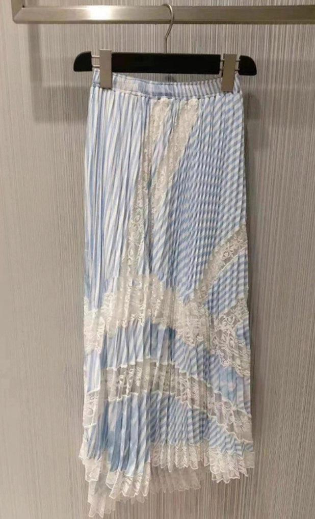 Frühling und Sommer, neuer Stil, Patchwork-Streifen mit hoher Taille, Faltenrock, Patchwork-Spitzenstickerei, langer Rock 3640