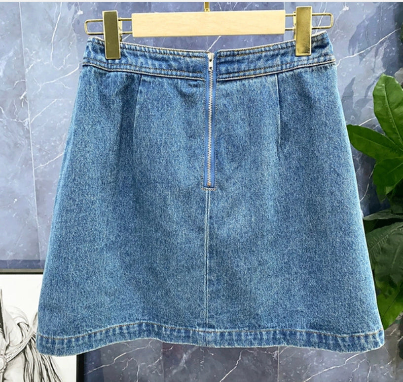 Art illustration cat head embroidery, heavy bead belt denim skirt 3531