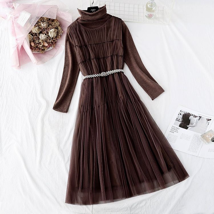 Mesh vest skirt + high neck bottomed shirt two-piece set 4578
