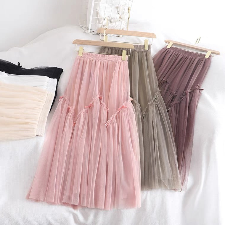 Jupe en gaze à taille élastique avec nœud, CHIC, jupe basse automne et hiver, jupe fille, jupe ample 3529