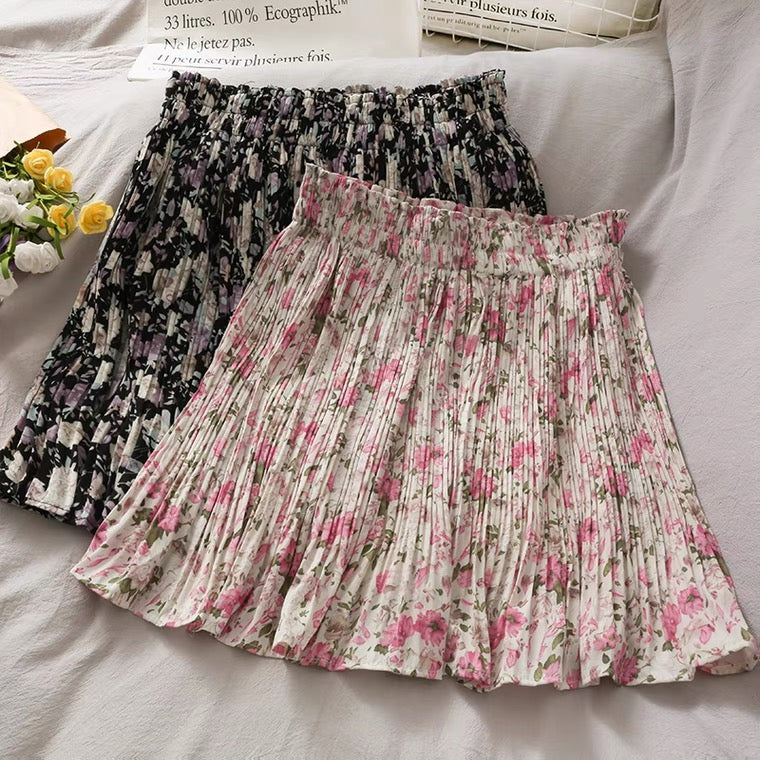 Vintage, elasticated waist, print pleated skirt, floral short skirt 3594