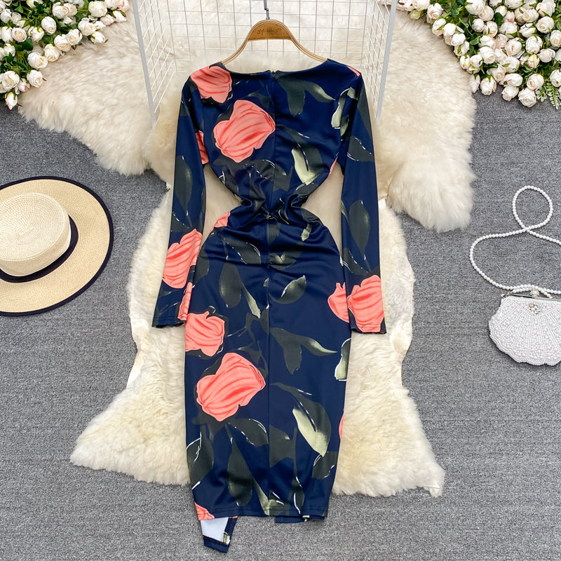 Sexy waist closing V-neck open hip wrap dress long sleeve 3787