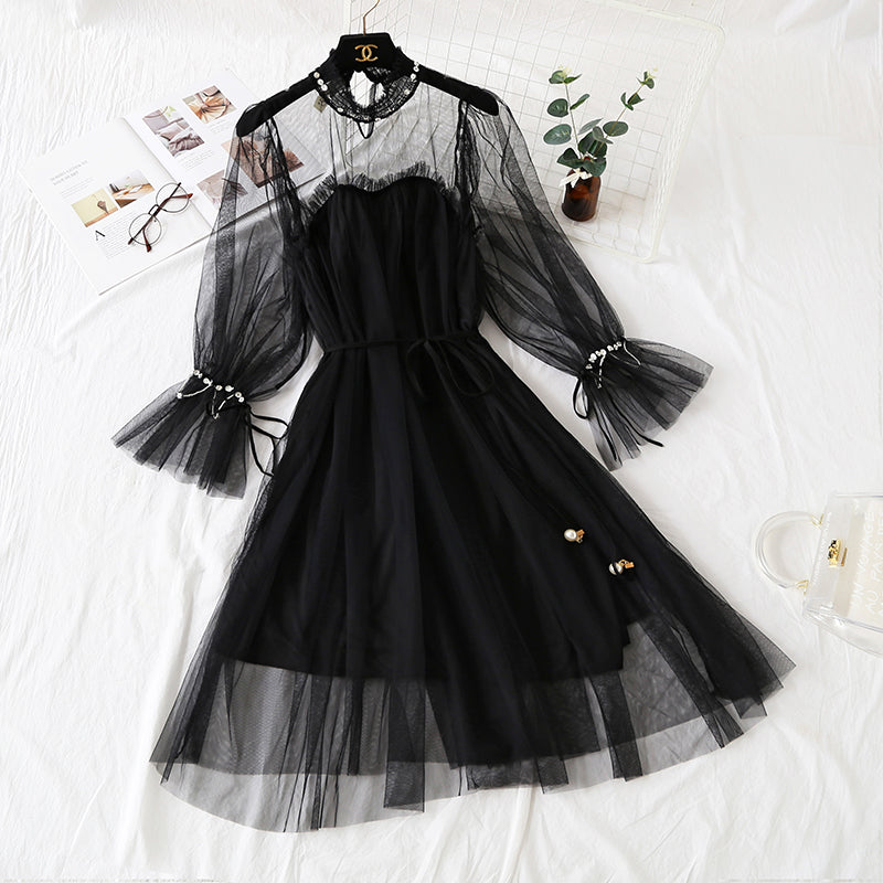Robe en maille avec dentelle perlée à manches longues 4307