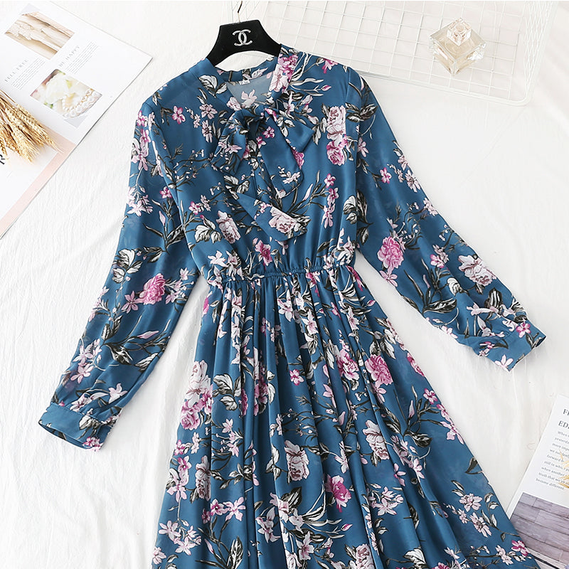 New French style long sleeve Floral Chiffon Skirt 4444