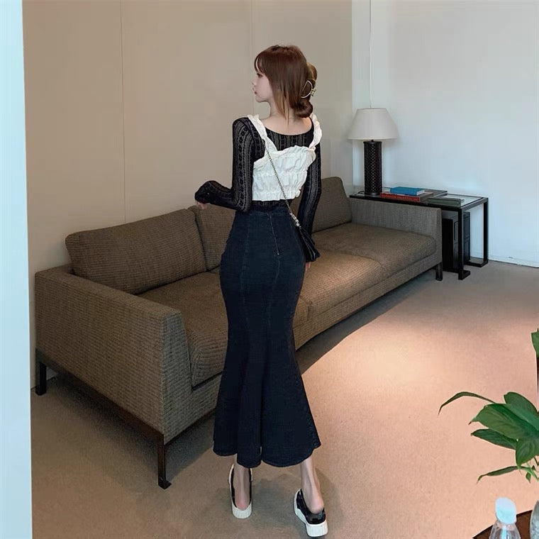 Jupe sirène tendance, nouveau style, taille haute, jupe mi-longue, jupe en jean vintage 3570