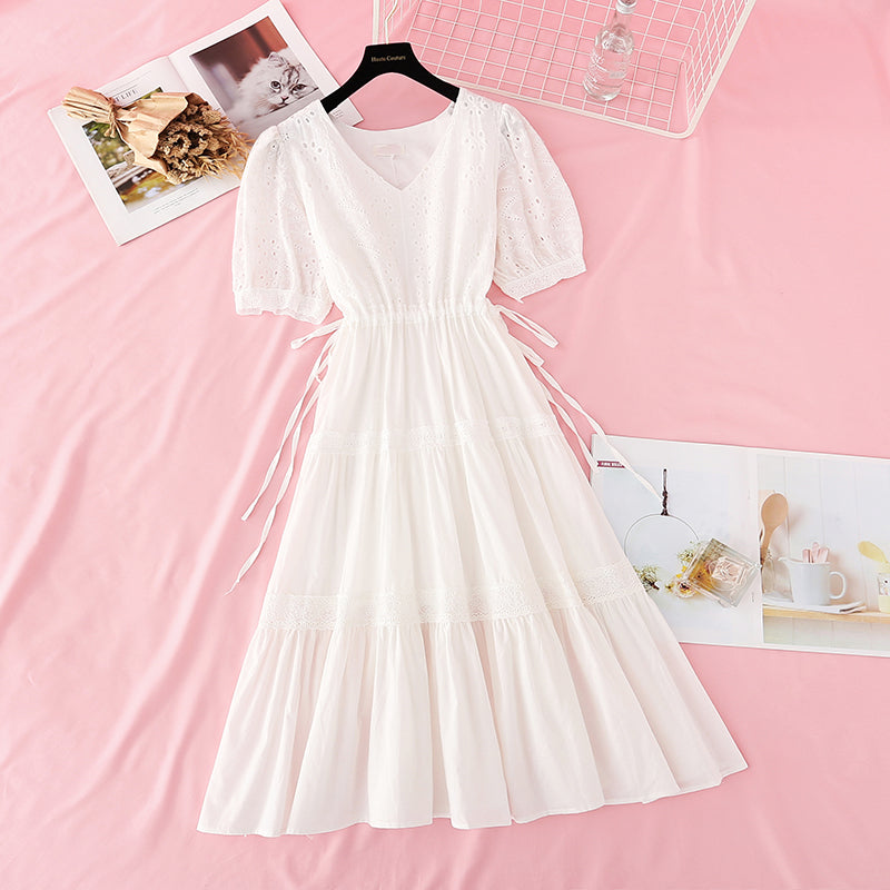 Nouvelle robe de fée française à manches bouffantes et jupe en crochet ajourée 4168