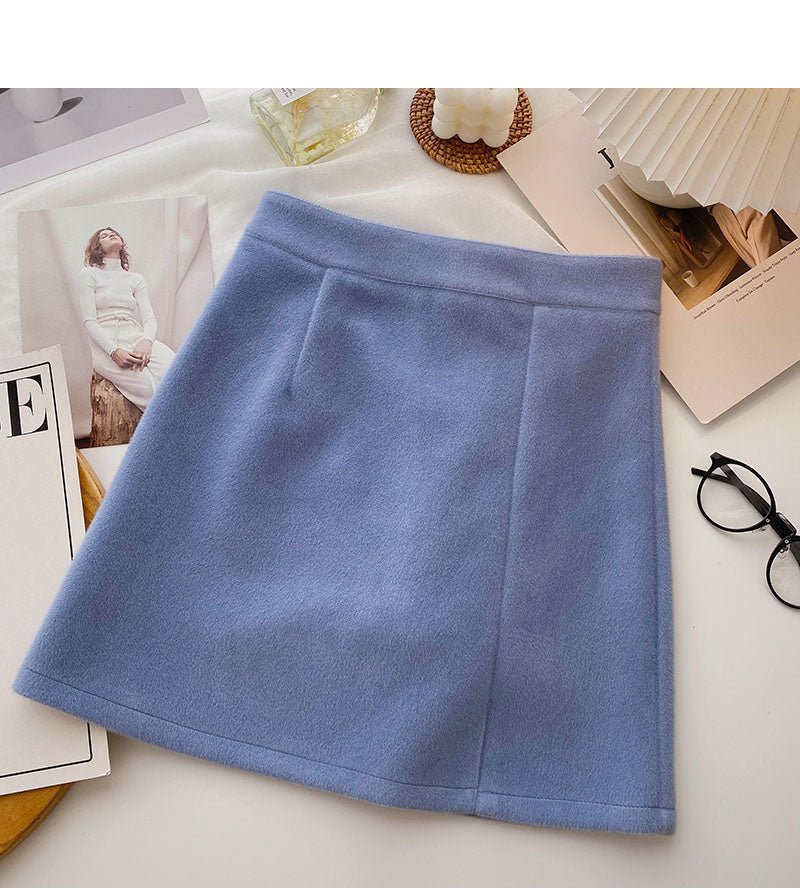 Woolen skirt sweet solid color high waist thin A-line skirt 5438