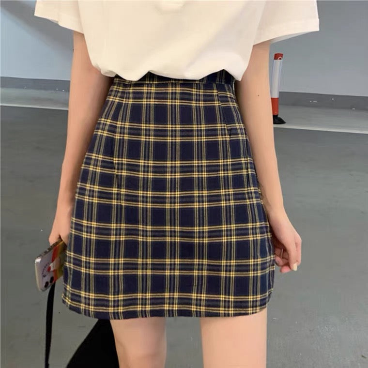 Jupe courte chic à carreaux, jupe trapèze taille haute, jupe portefeuille aux fesses 3626