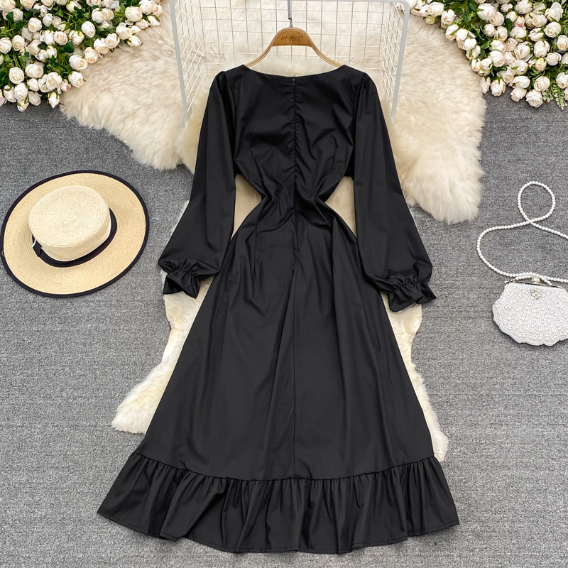 Bubble sleeve square neck dress waist strap black small foreign skirt 3789