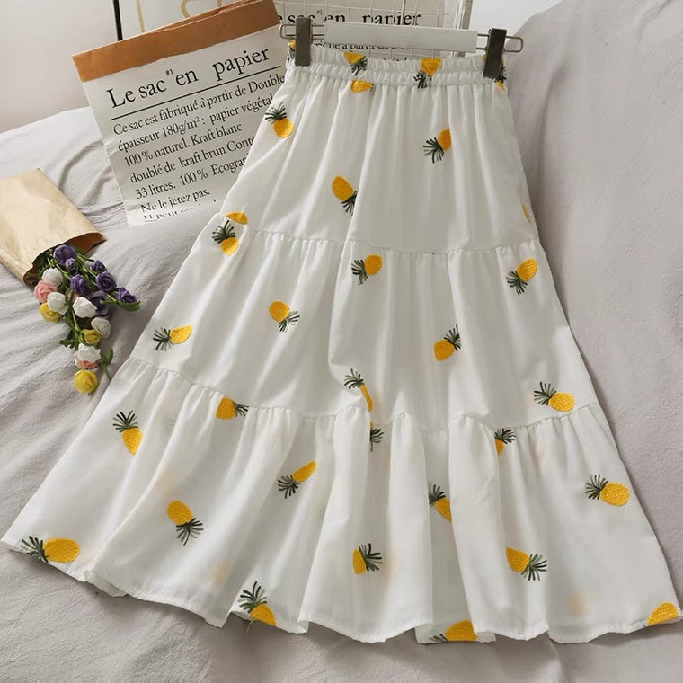 Vent doux, broderie de fraises sur la jupe longue, taille élastique Jupe trapèze grande taille 3618