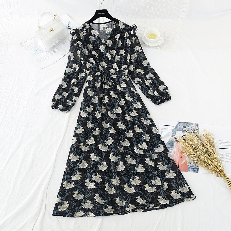 New French retro aging flying sleeve V-neck Chiffon Skirt 4702