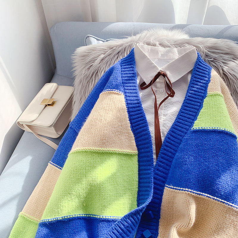 Pull cardigan rayé de couleur pull fruit manteau 4959