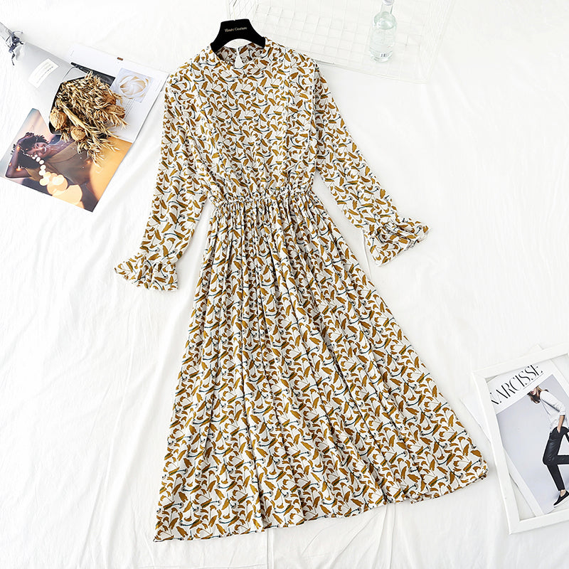 Ruffle sleeve waist closing slim large swing Floral Dress 4830