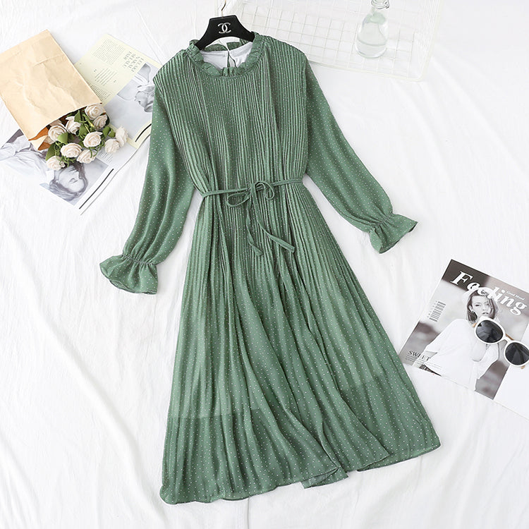 Robe en mousseline de soie à pois rétro français pour femme 3986