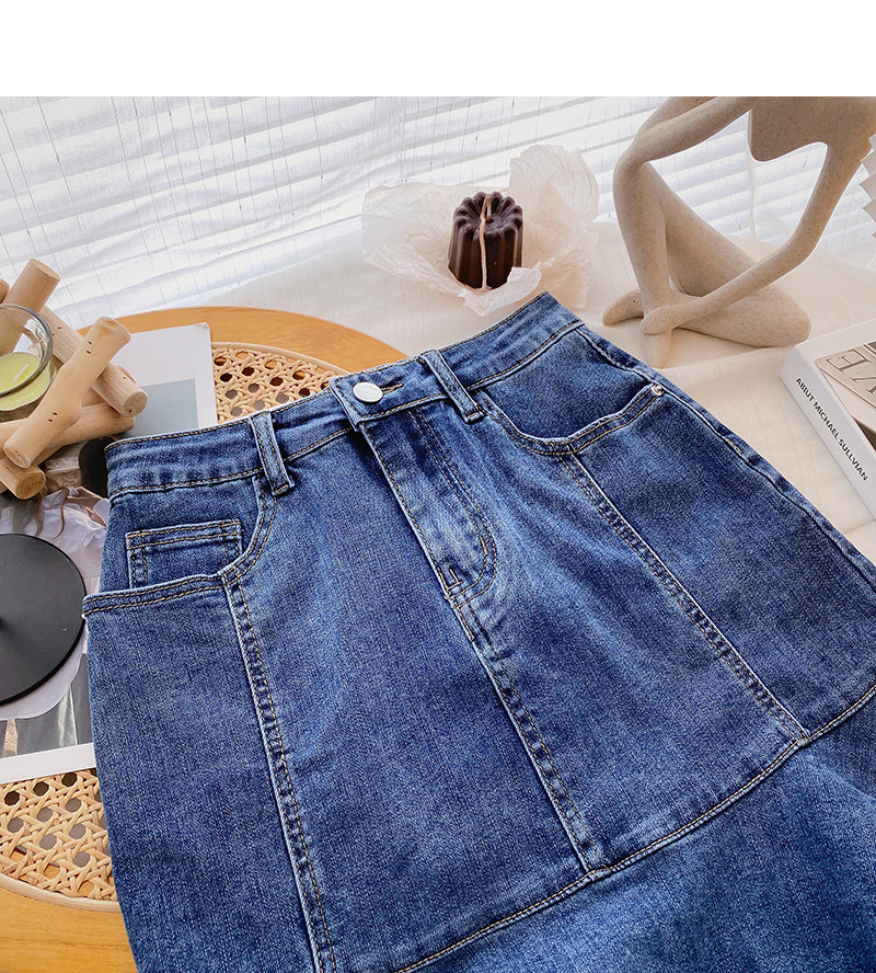 Jupe courte portefeuille en jean taille haute pour femme, jupe queue de poisson 5399