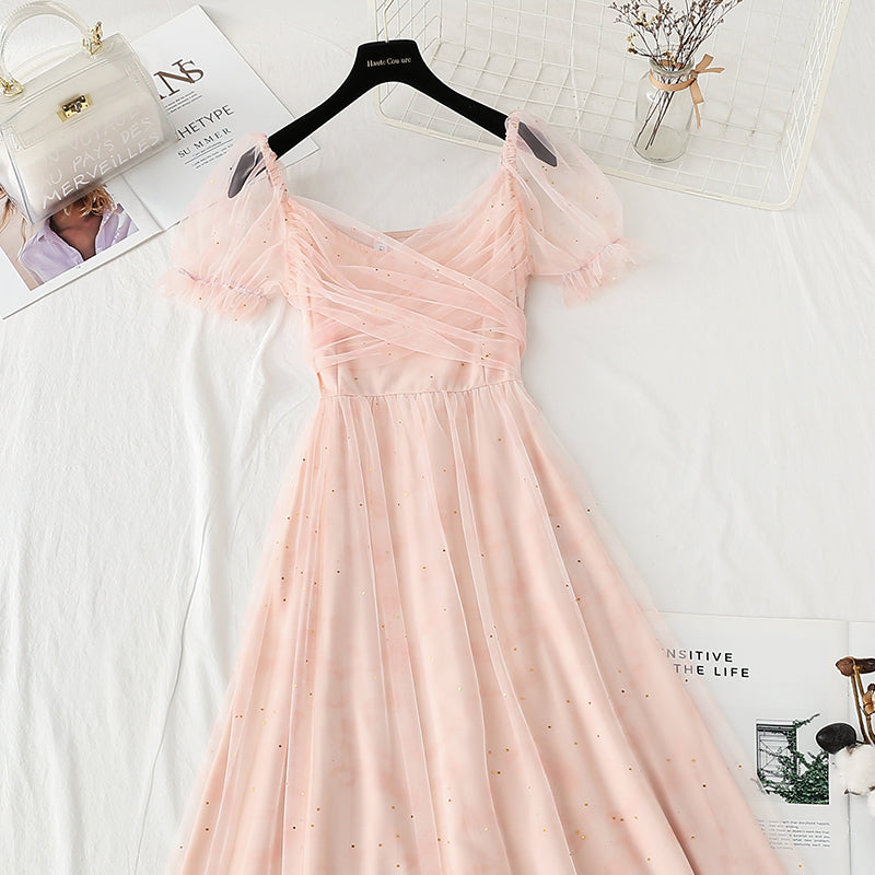 French long dress square neck bubble sleeve fairy skirt 4419