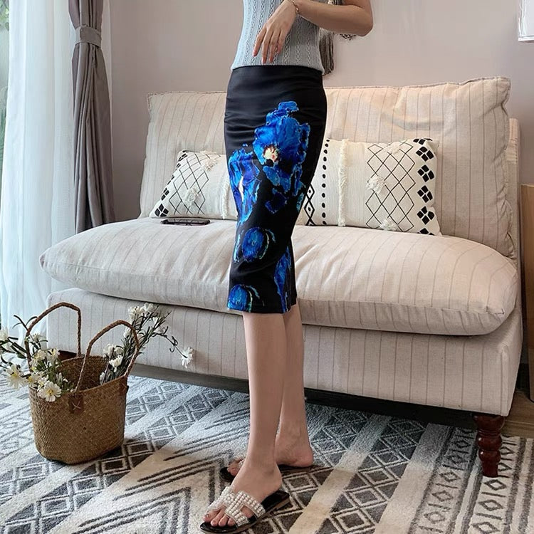 Nouveau style, jupe moulante haute Fanny imprimée, jupe extensible fendue avec peinture à l'encre 3536