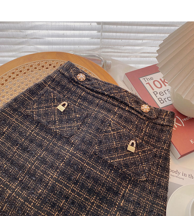 Bright silk tweed short skirt women's Retro Plaid high waist A-shaped skirt 5510