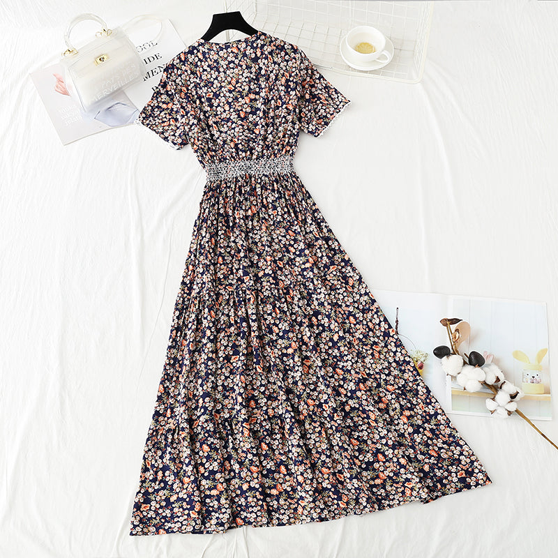 Jupe de vacances à fleurs cassées, taille fine et jupe longue à large ourlet 4246