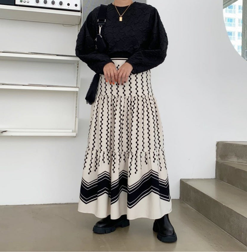 Nouvelle jupe, jupe à imprimé pois rétro cousue, jupe longue taille haute à motif ondulé 3678