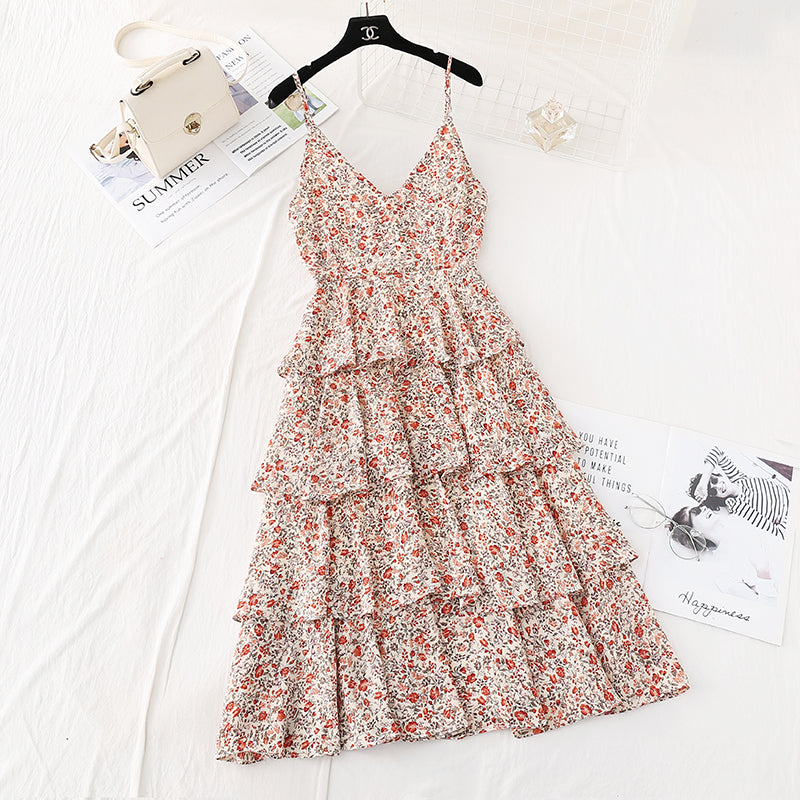 Robe à bretelles fleurie à taille fine 4112