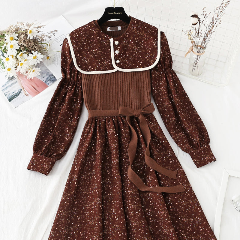Robe patchwork fleurie à revers, jupe vieillissante polyvalente 4070