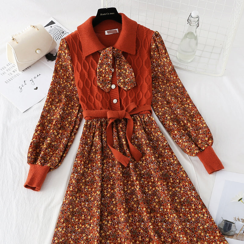 Jupe patchwork à lacets et fleurs, taille élastique, jupe en velours côtelé 4086