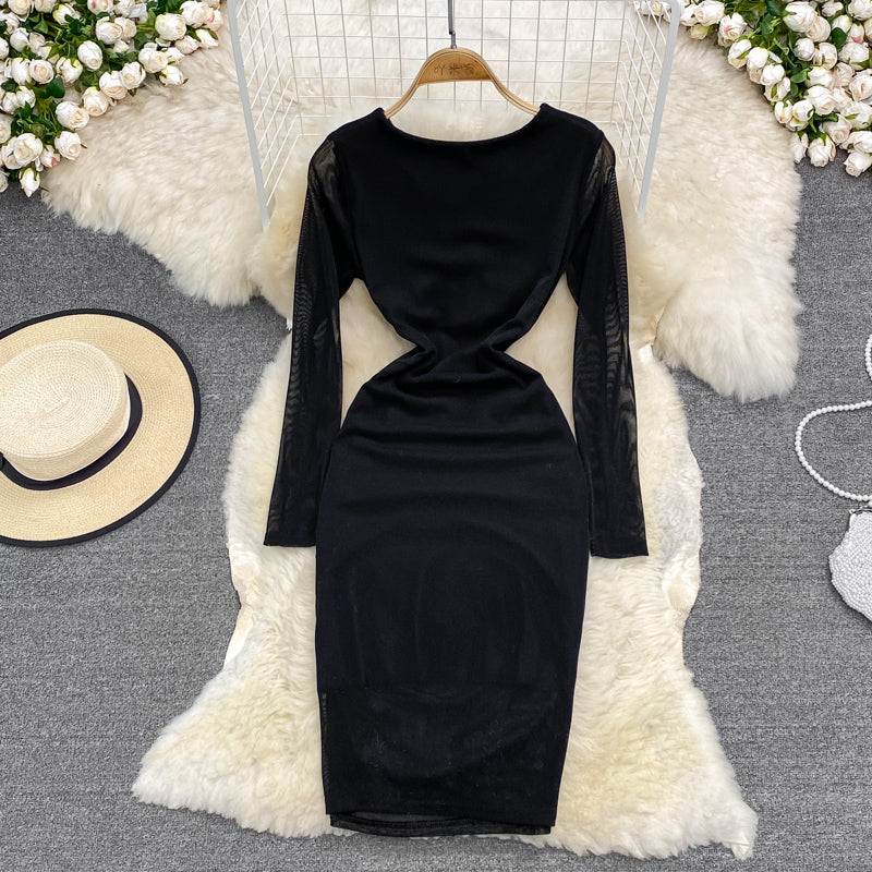 Robe sexy à manches longues et col en V avec fermeture éclair et fente sur les hanches de style Hong Kong 3788