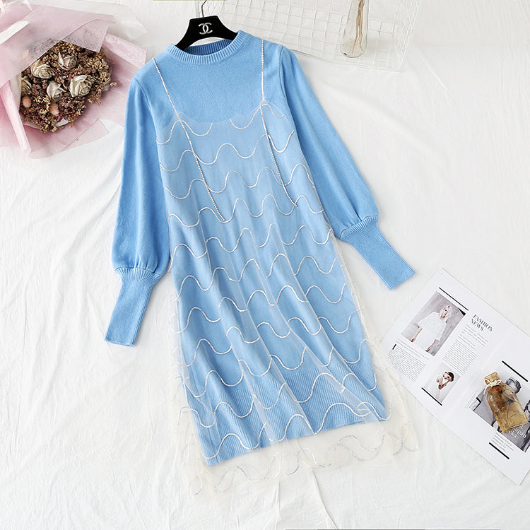 Knitted dress small Xiangfeng net red sweater suspender yarn skirt suit 4464