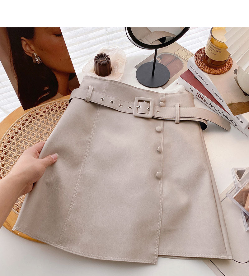 Fashion irregular button high waist thin wrap hip leather skirt 5509