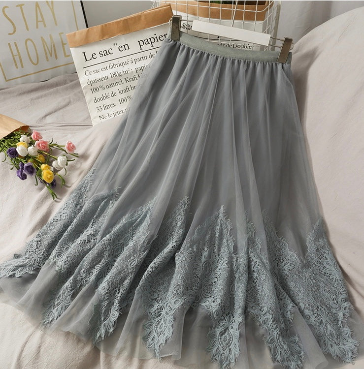 Jupe en dentelle brodée mi-longue taille haute Sweet Wind 3617