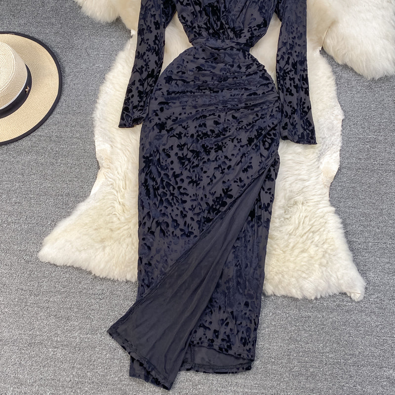 Robe à col en V à imprimé bronzé, mince et mince, tempérament fendu 3767