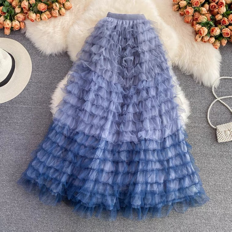 Jupe fée plissée en maille, polyvalente, jupe midi longue, taille élastique, jupe à étages, jupe élégante 3530