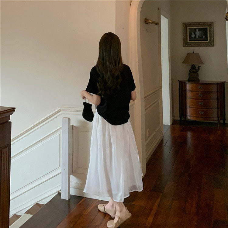 Jupe midi blanche, jupe trapèze taille haute 3648