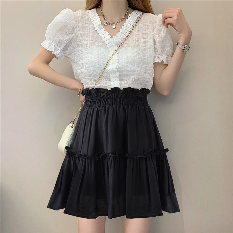 Jupe noire/blanche, nouveau style, mode, plissée, jupe taille haute trapèze, jupe bouffante 3612