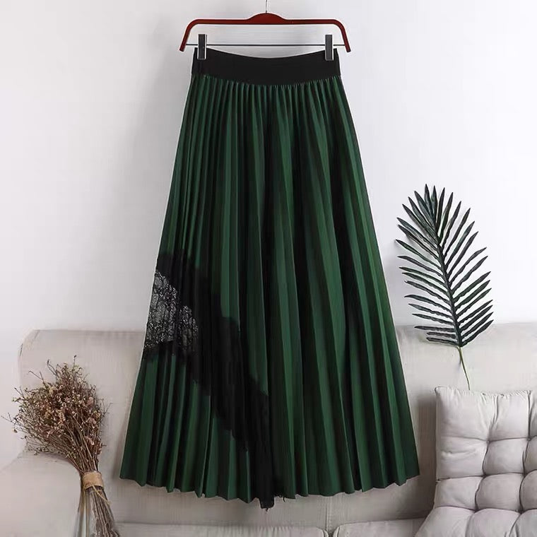 Nouveau style, taille haute, grande balançoire, taille élastique, jupe mi-longue plissée en dentelle épissée 3624