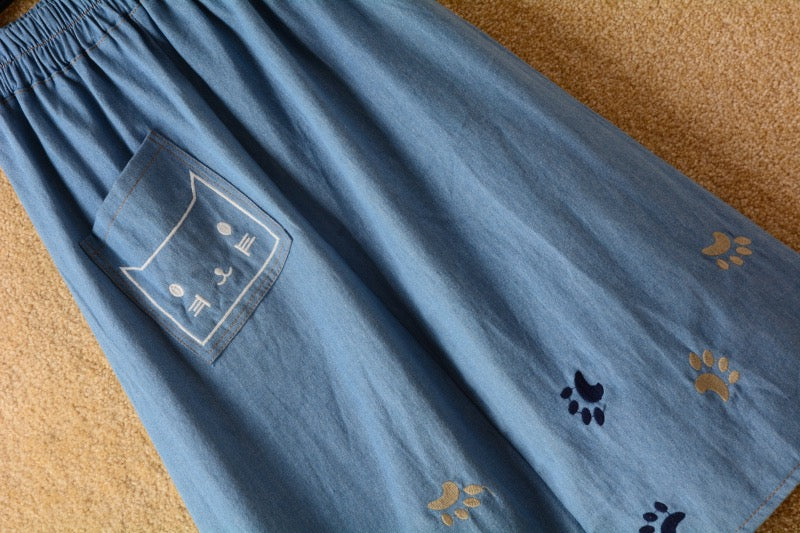Printemps et été, nouvelle jupe en jean, broderie de chat mignon, jupe mi-longue taille haute, jupe trapèze 3611