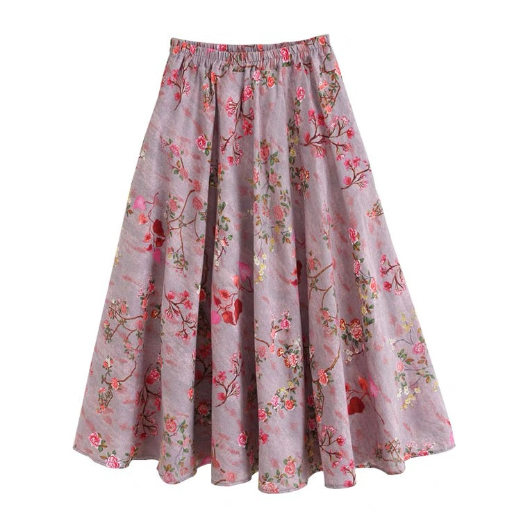 Jupe fleurie, jupe midi en coton et lin avec poche, jupe trapèze violette 3573