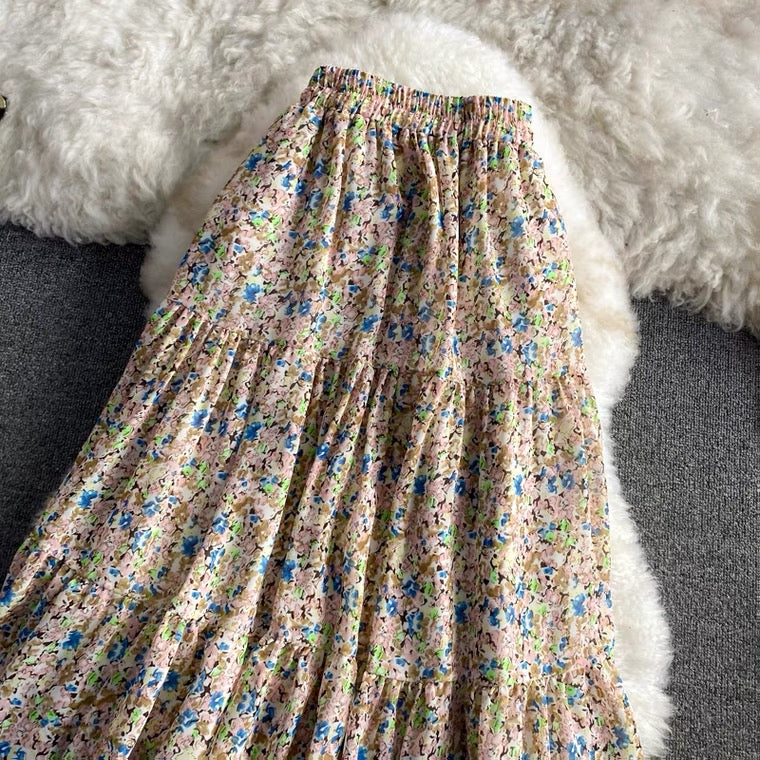 Jupe trapèze vintage en mousseline de soie, taille haute, taille élastique, style nouveau, jupe midi à épissure florale 3561