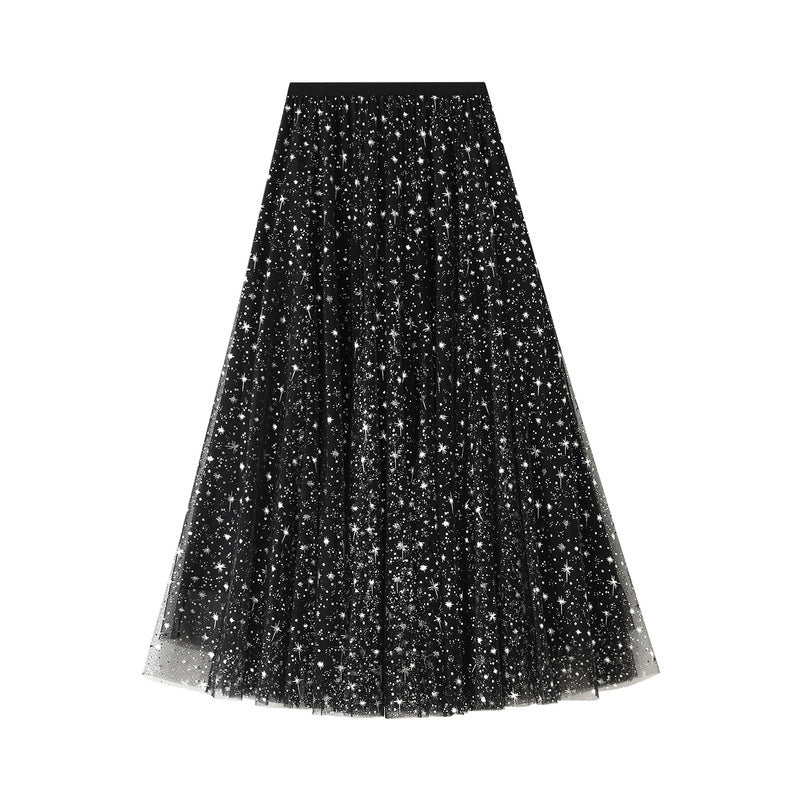 Nouveau style, jupe ciel étoilé, jupe longue bouffante féerique en ligne A, jupe en tulle étoilé pailleté 3590