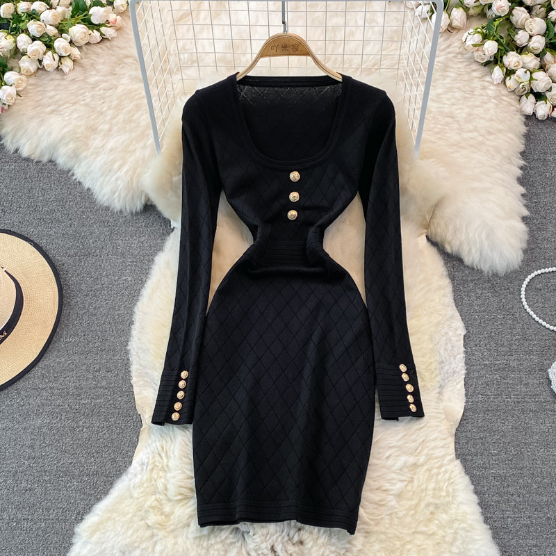 Robe sexy à manches longues, col carré, tricotée, sac, bas de hanche, 3781