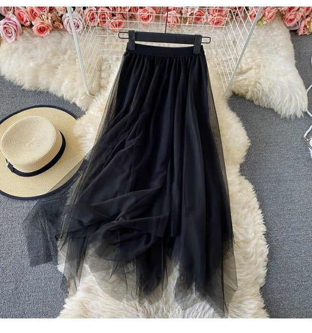 Jupe en maille irrégulière à taille élastique, jupe trapèze mi-longue taille haute, jupe féerique à poils longs 3525