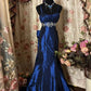 Königsblaues Meerjungfrauenkleid aus Satin mit aufwendiger Silberstickerei, große Schleife am Rücken, festliches Abendkleid gh6586