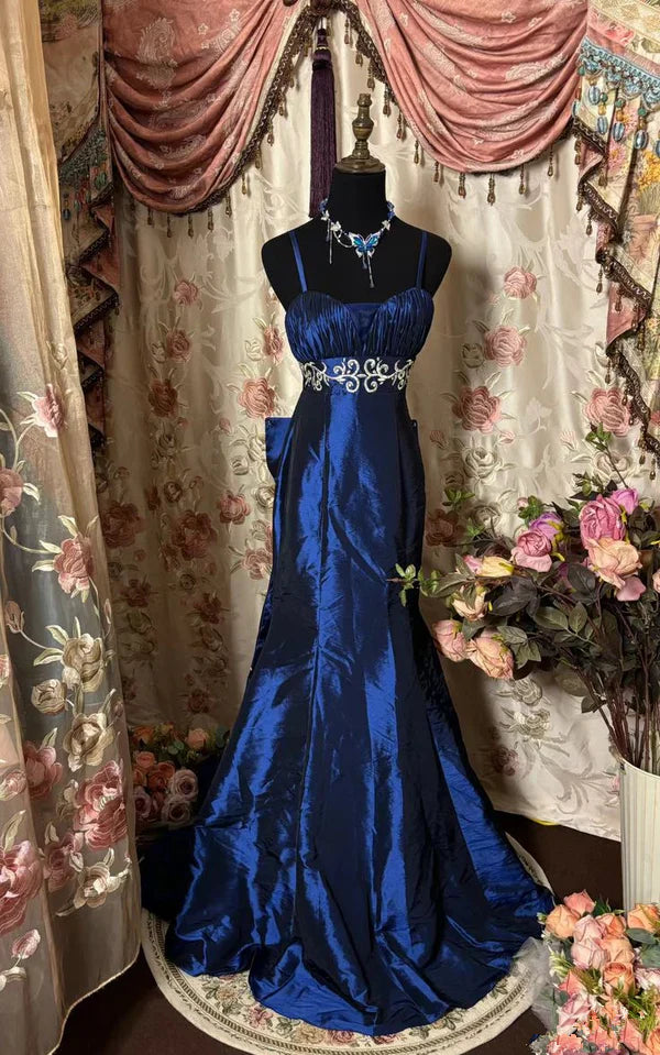 Königsblaues Meerjungfrauenkleid aus Satin mit aufwendiger Silberstickerei, große Schleife am Rücken, festliches Abendkleid gh6586