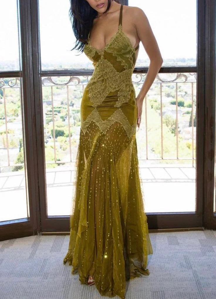 Robe de soirée longue en dentelle à bretelles spaghetti et perles vertes sexy sirène gh2995