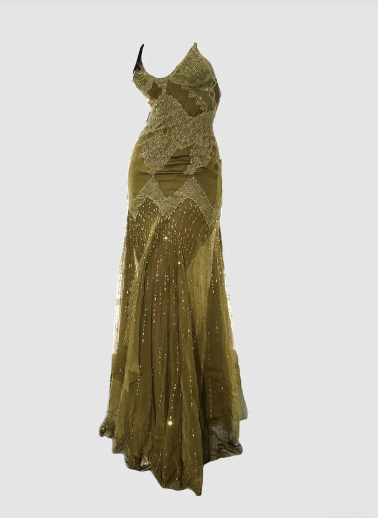 Robe de soirée longue en dentelle à bretelles spaghetti et perles vertes sexy sirène gh2995